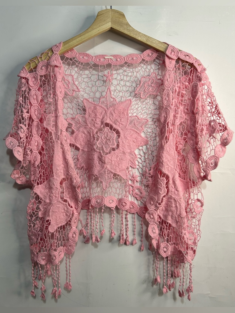 Pink Lace Fringe Hem Crochet Open Front Cardigan One Size